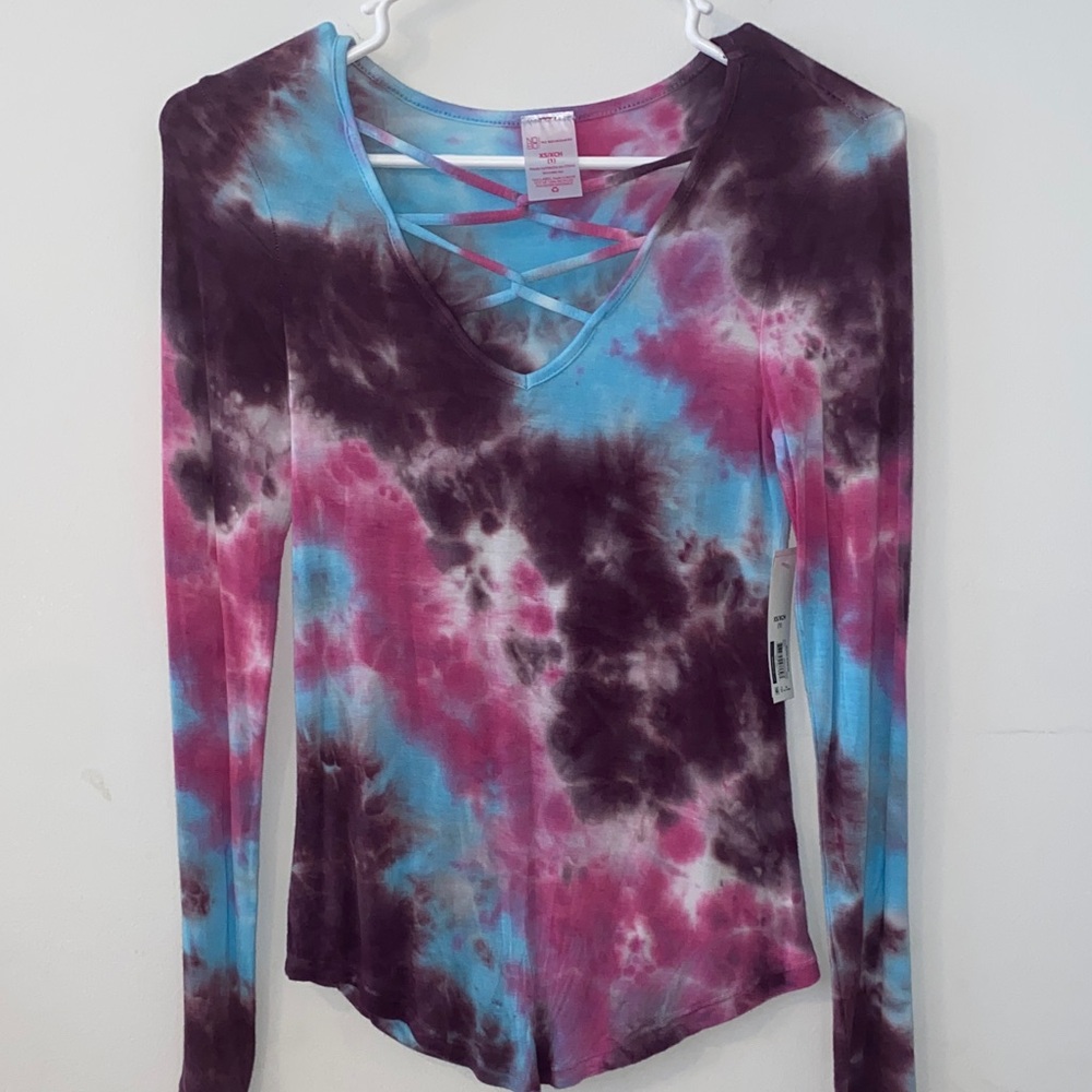 No Boundaries Crisscross Tie-Dye Long Sleeve Top V Neck Pink, Blue Size XS